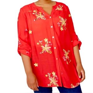 NWT Figueroa & Flower Anthropologie Red Floral Embroidered Boho Tunic Top 1X
